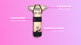 Gold car escape tool with window breaker and seatbelt cutter