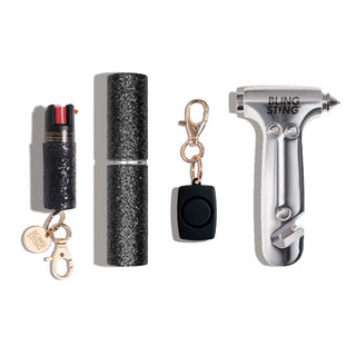 blingsting.com Safety Keychain Set Black 4-in-1 Starter Pack Self Defense Set