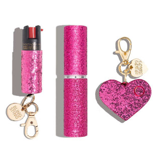 blingsting.com Safety Keychain Set Pink Glitter 3-in-1 Starter Pack Self Defense Set