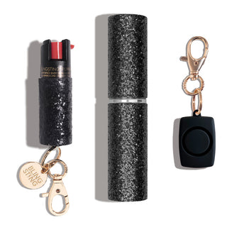 blingsting.com Safety Keychain Set Black 3-in-1 Starter Pack Self Defense Set