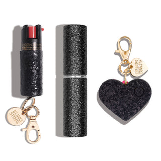 blingsting.com Safety Keychain Set Black Glitter 3-in-1 Starter Pack Self Defense Set