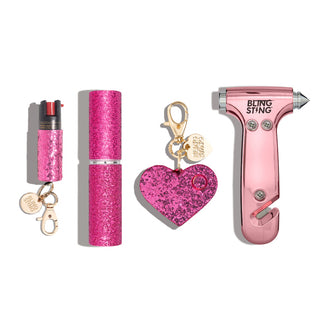 blingsting.com Safety Keychain Set Pink Glitter 4-in-1 Starter Pack Self Defense Set