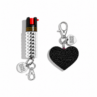 blingsting.com Safety Keychain Set Silver Studded Pepper Spray + Black Glitter Alarm Self Defense Duo