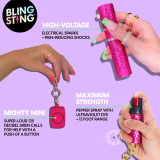 blingsting.com Safety Keychain Set Urban Girl 3-in-1 Self Defense Set - With Soft Touch Mini Safety Alarm - Pink